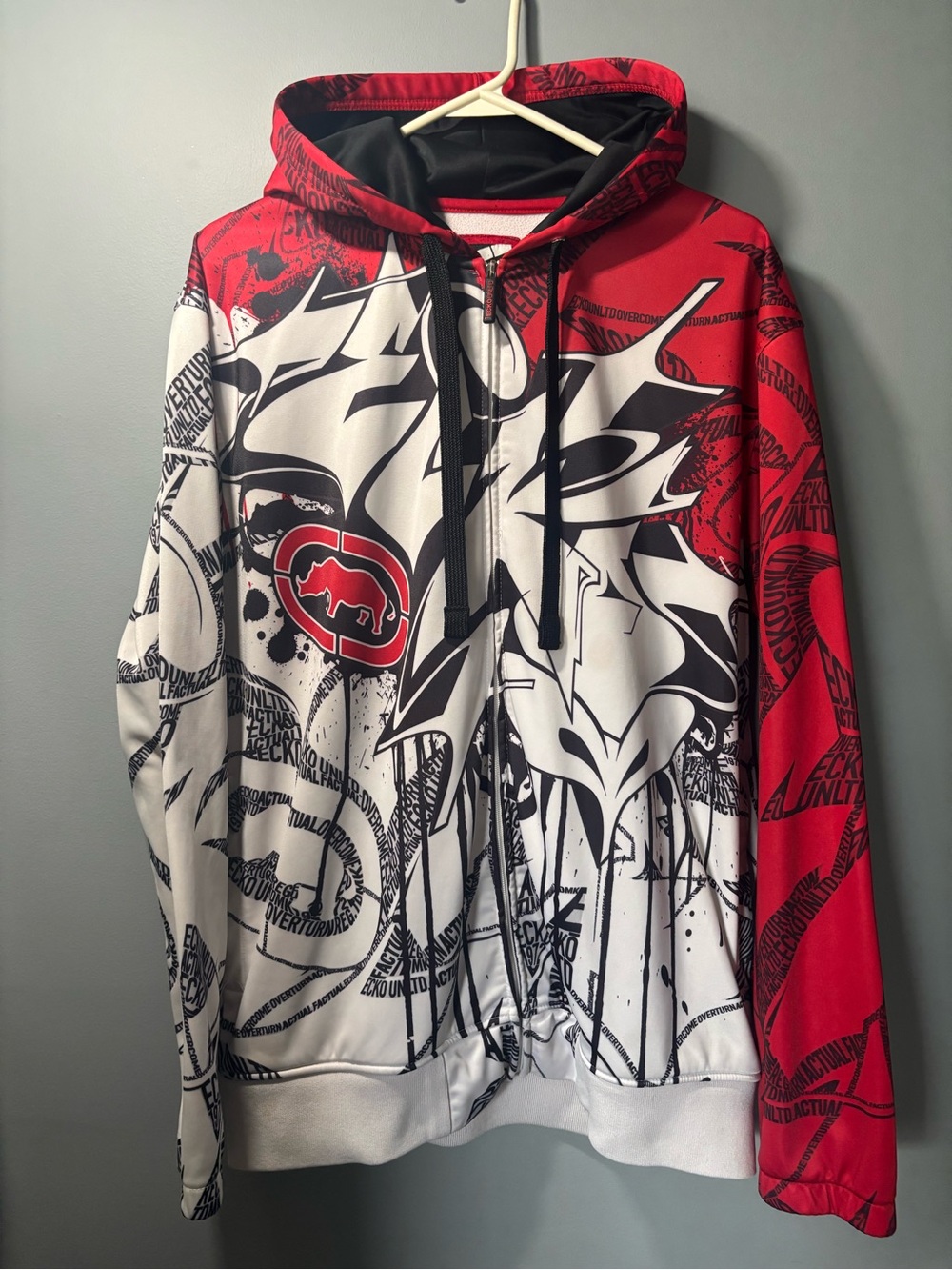 Vintage Ecko unltd graffiti red, white, and black zip up hoodie all over print